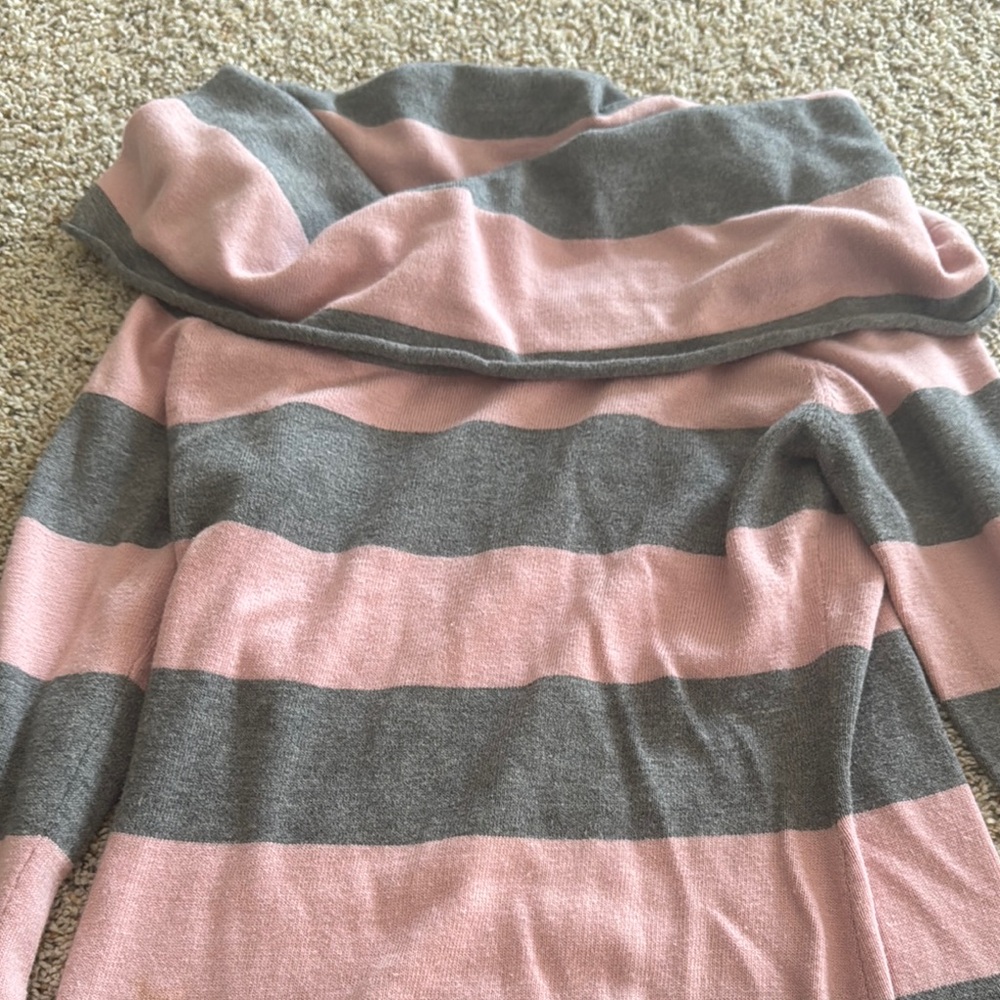 bebe Pink and Gray Cowl Neck/ off shoulder Sweater with Stripes - Picture 3 of 5